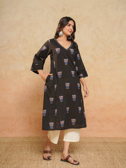 Cotton Printed Ultimate Aline Kurta For Women Black