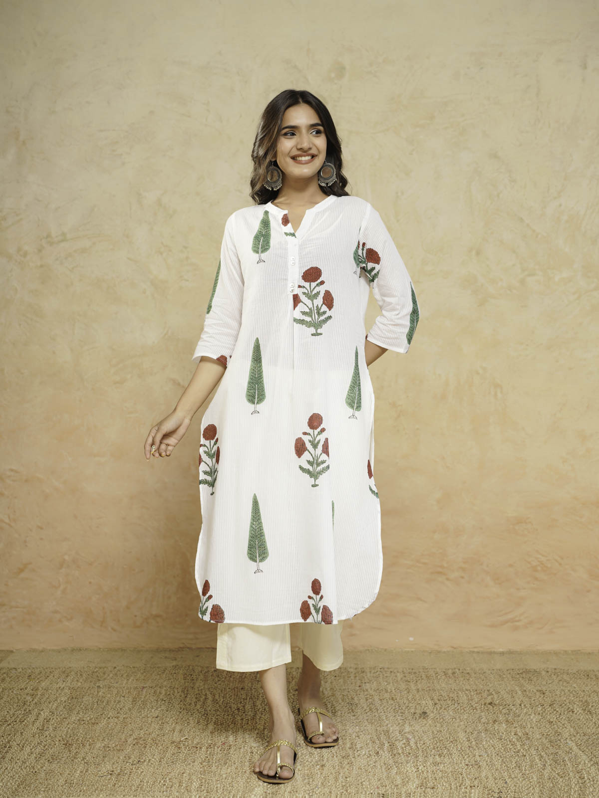 Cotton Pleat Kurta For Women White Patti