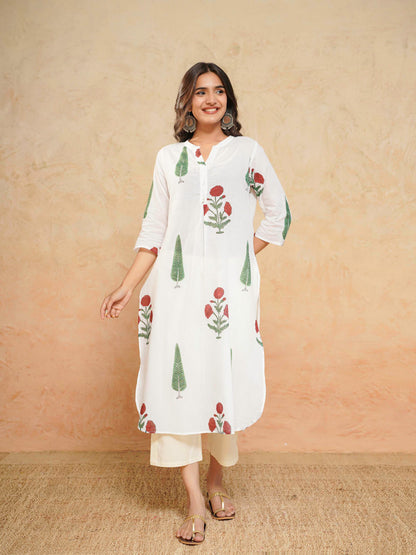 Cotton Pleat Kurta For Women White Patti