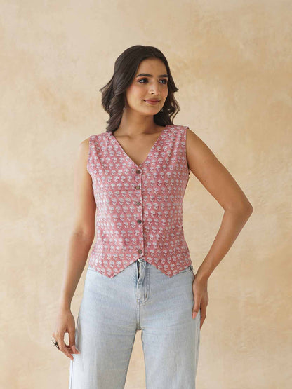 Sleeveless Cotton Block Printed Kothi Top Dusty Pink