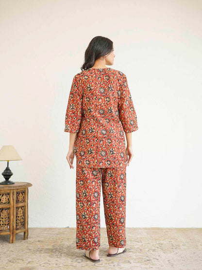 Cotton Printed Lounge Wear Coord Set Red Jaal