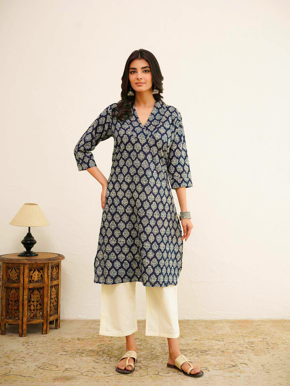 Cotton Printed Straight Kurta Blue Booty