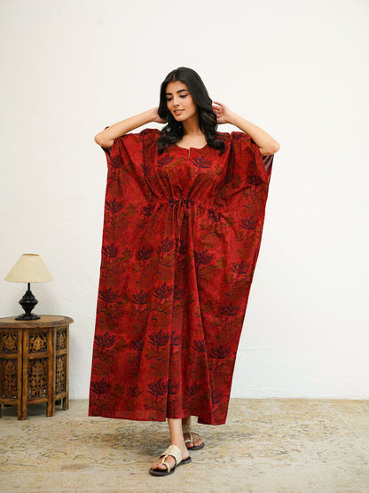 Block-Printed Cotton Long Kaftan Red