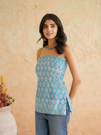 Cotton Sleeveless Strappy Top Sky Blue