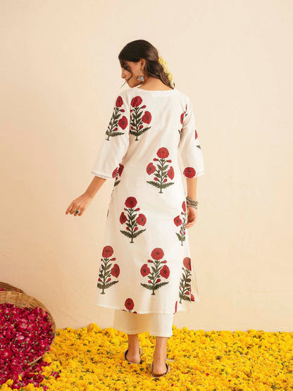 Cotton Printed Kantha Style Set For Women White