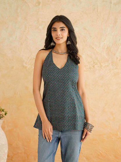 Cotton Printed Stylish Halter Tie-Up Kurti Green Booty