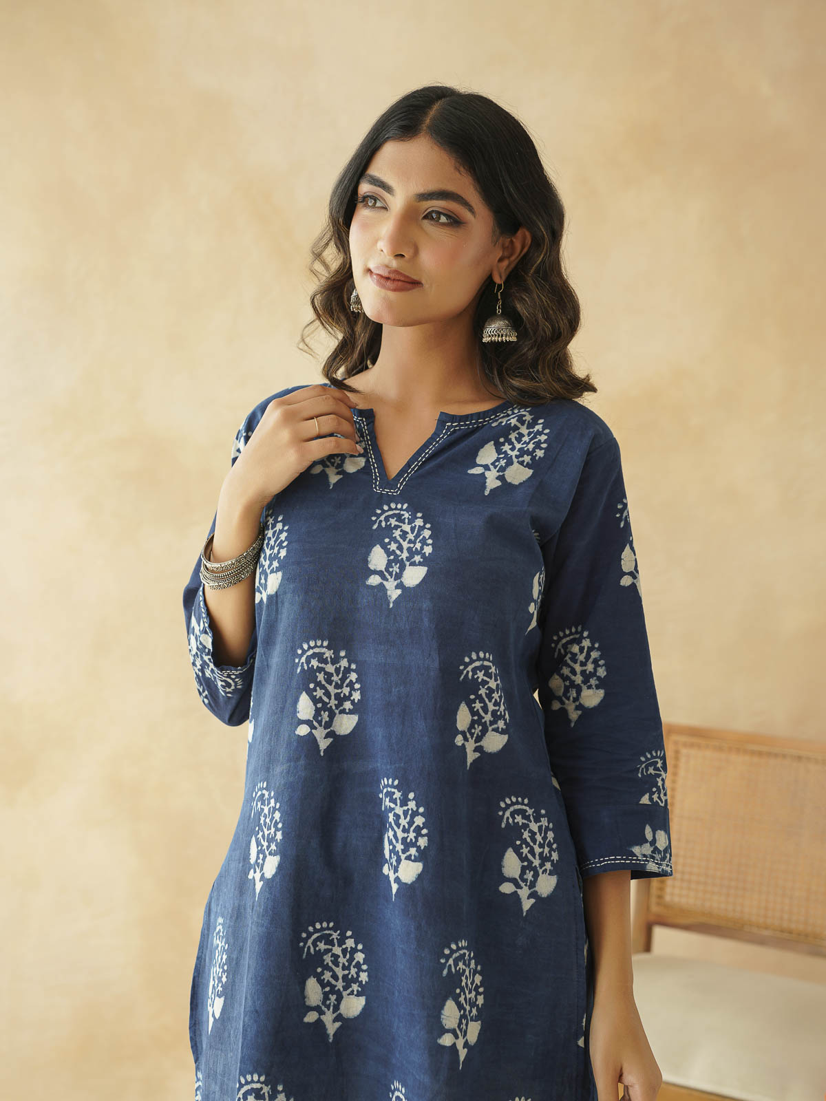 Cotton Printed Kantha Kurta Indigo