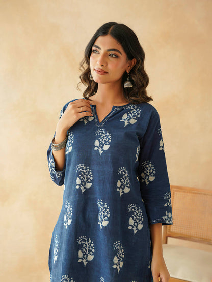 Cotton Printed Kantha Kurta Indigo