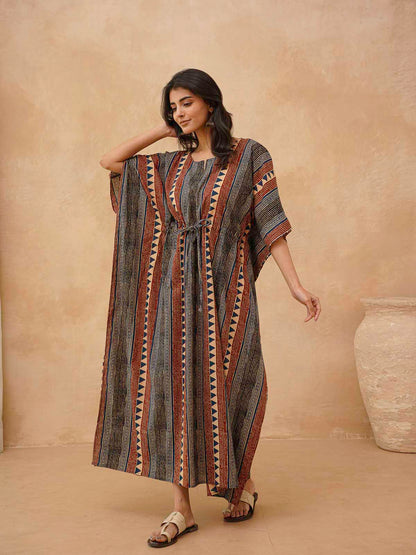 Block-Printed Cotton Long Kaftan Multicolor