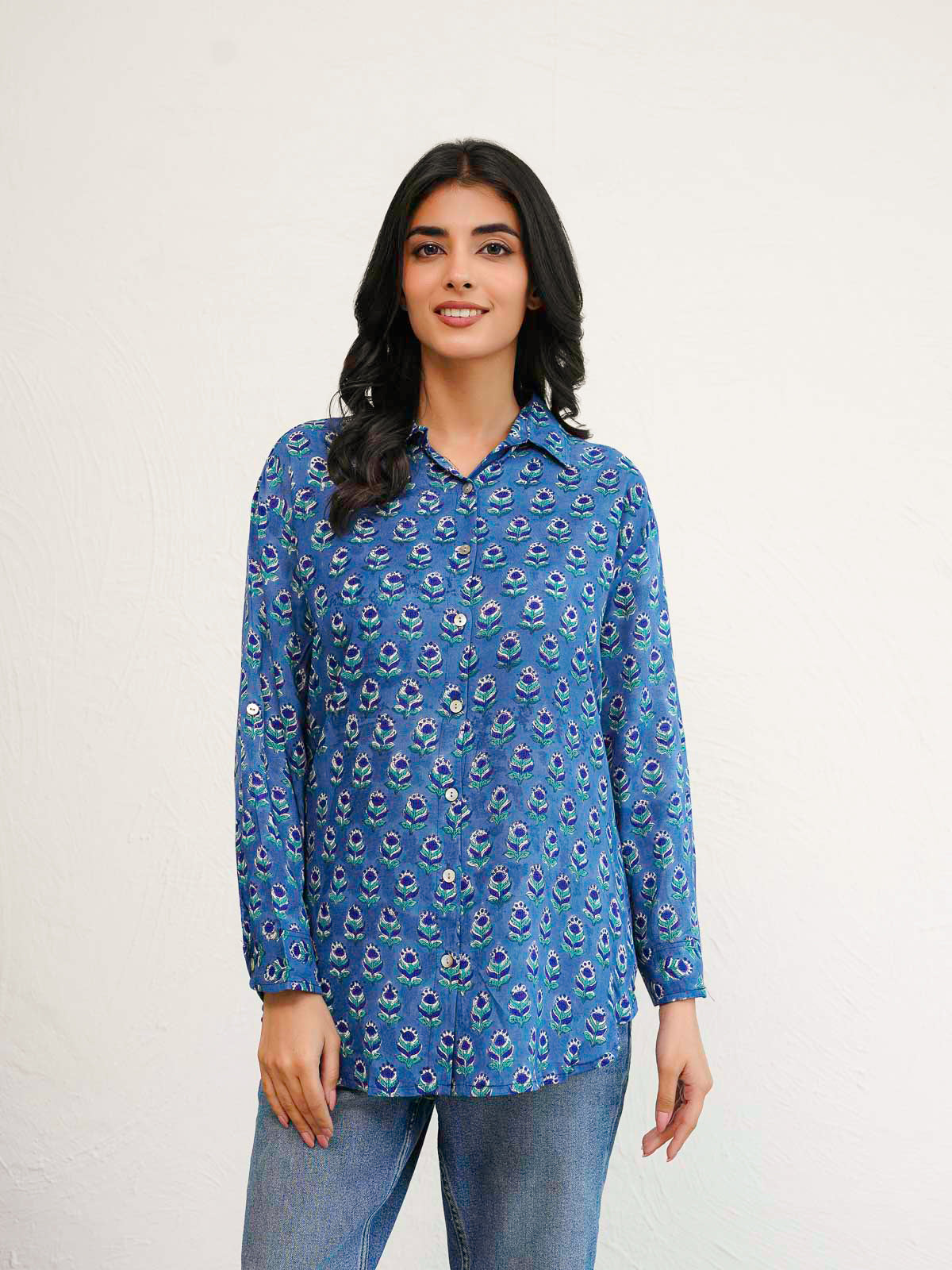 Block Printed Cotton Meher Shirt Blue Booty