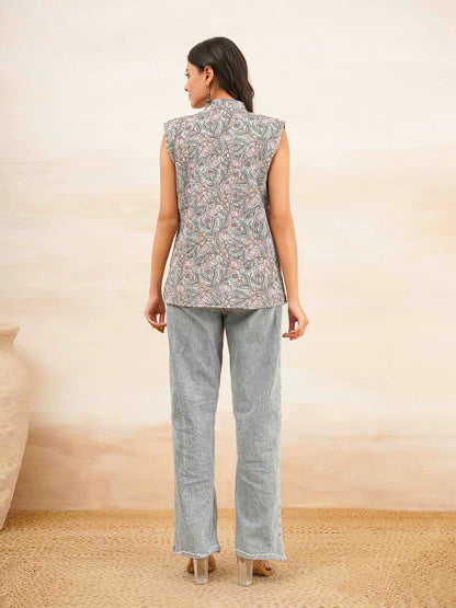 Cotton Printed Sleeveless Quilted Jacket Grey