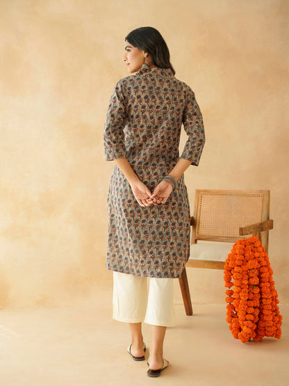 Cotton Printed Straight Kurta Indigo Flawer