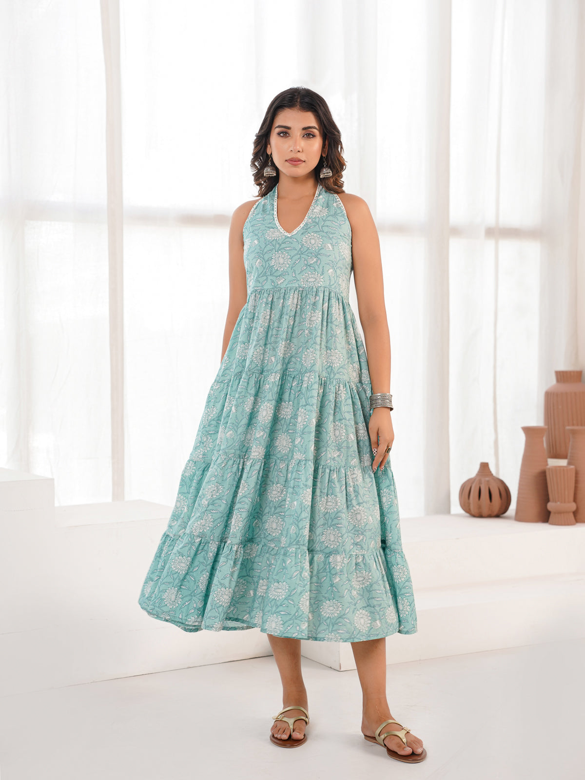 Tiered Halter Neck Dress Sea Green