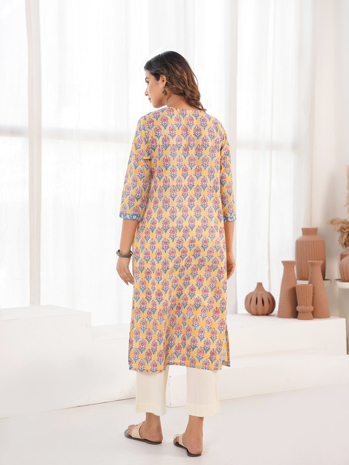 Cotton Block Printed Long Kurta Yellow