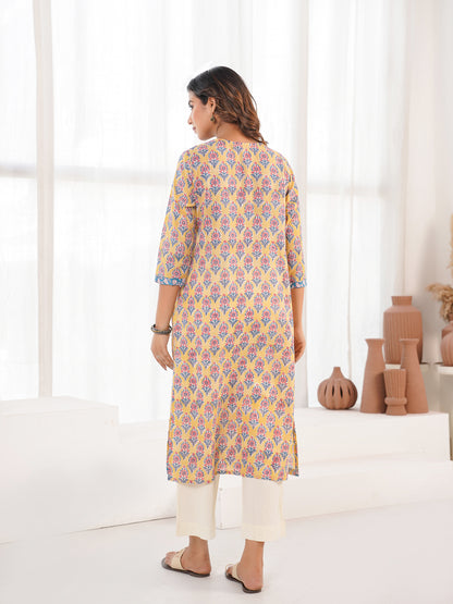 Cotton Block Printed Long Kurta Yellow