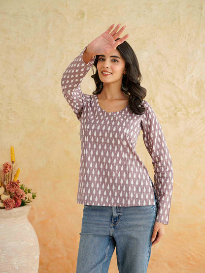 Full Sleeve Cotton Printed Classic Vee Top Purple