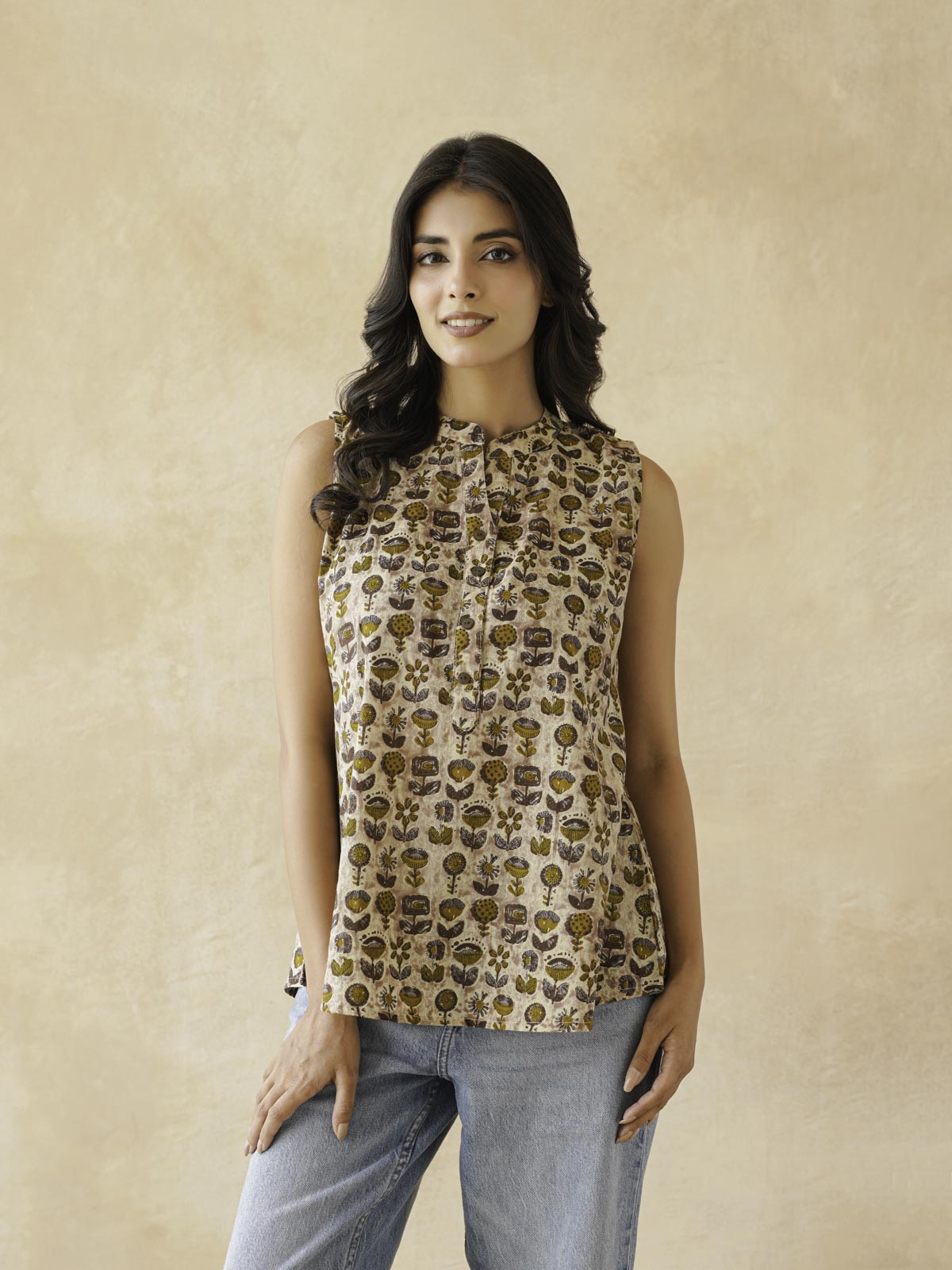 Cotton Printed Sleeveless Tunic Top For Women Brown