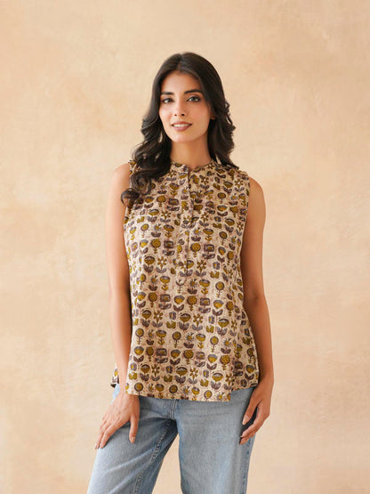 Cotton Printed Sleeveless Tunic Top For Women Brown