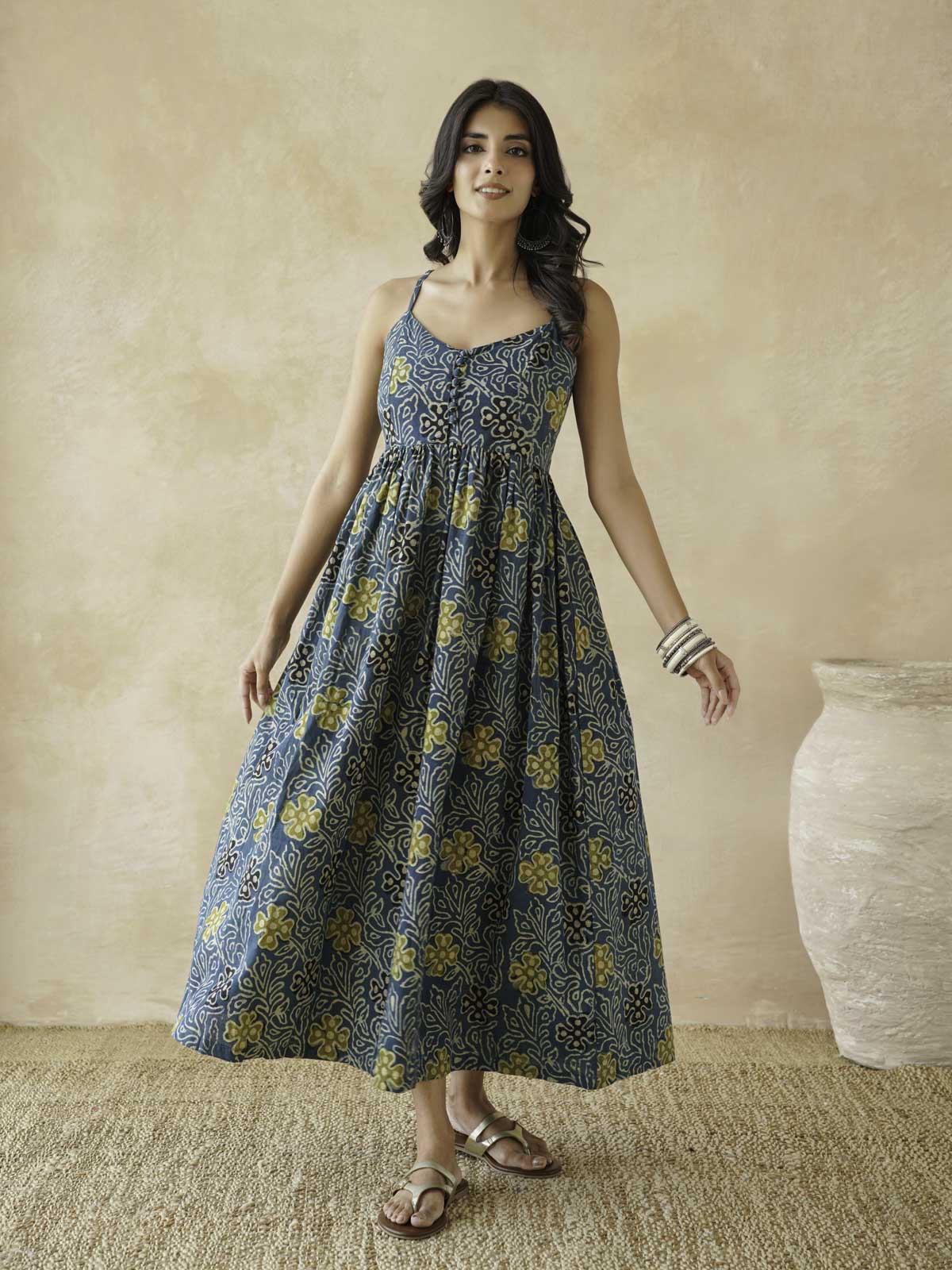 V-Neck Long Strappy Dress Indigo Jaal