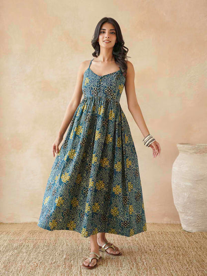 V-Neck Long Strappy Dress Indigo Jaal
