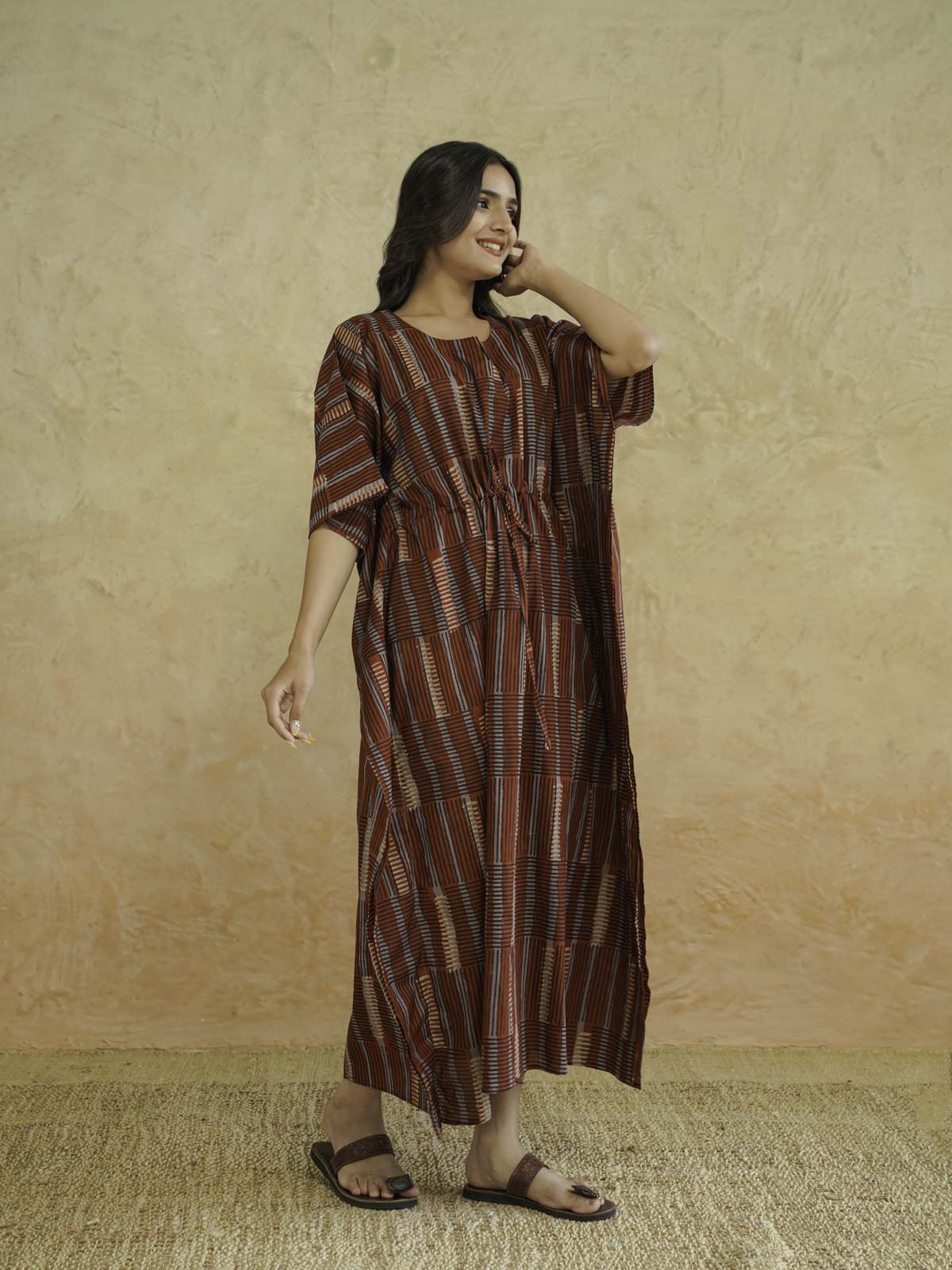 Block-Printed Cotton Long Kaftan Red Starp