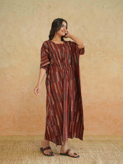 Block-Printed Cotton Long Kaftan Red Starp