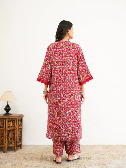 Block Printed Cotton Kurta Pant Bagiya Set Red Patti