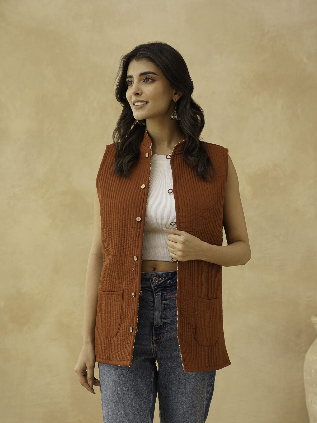 Cotton Printed Sleeveless Quilted Jacket Red Kamal