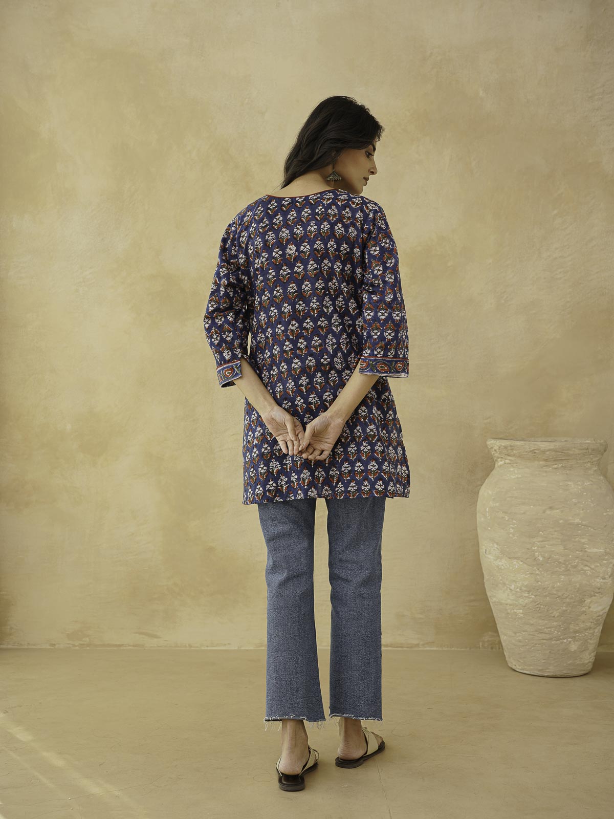 Cotton Printed Sequin Short Kurti For Women Blue