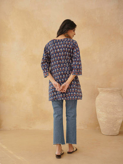 Cotton Printed Sequin Short Kurti For Women Blue