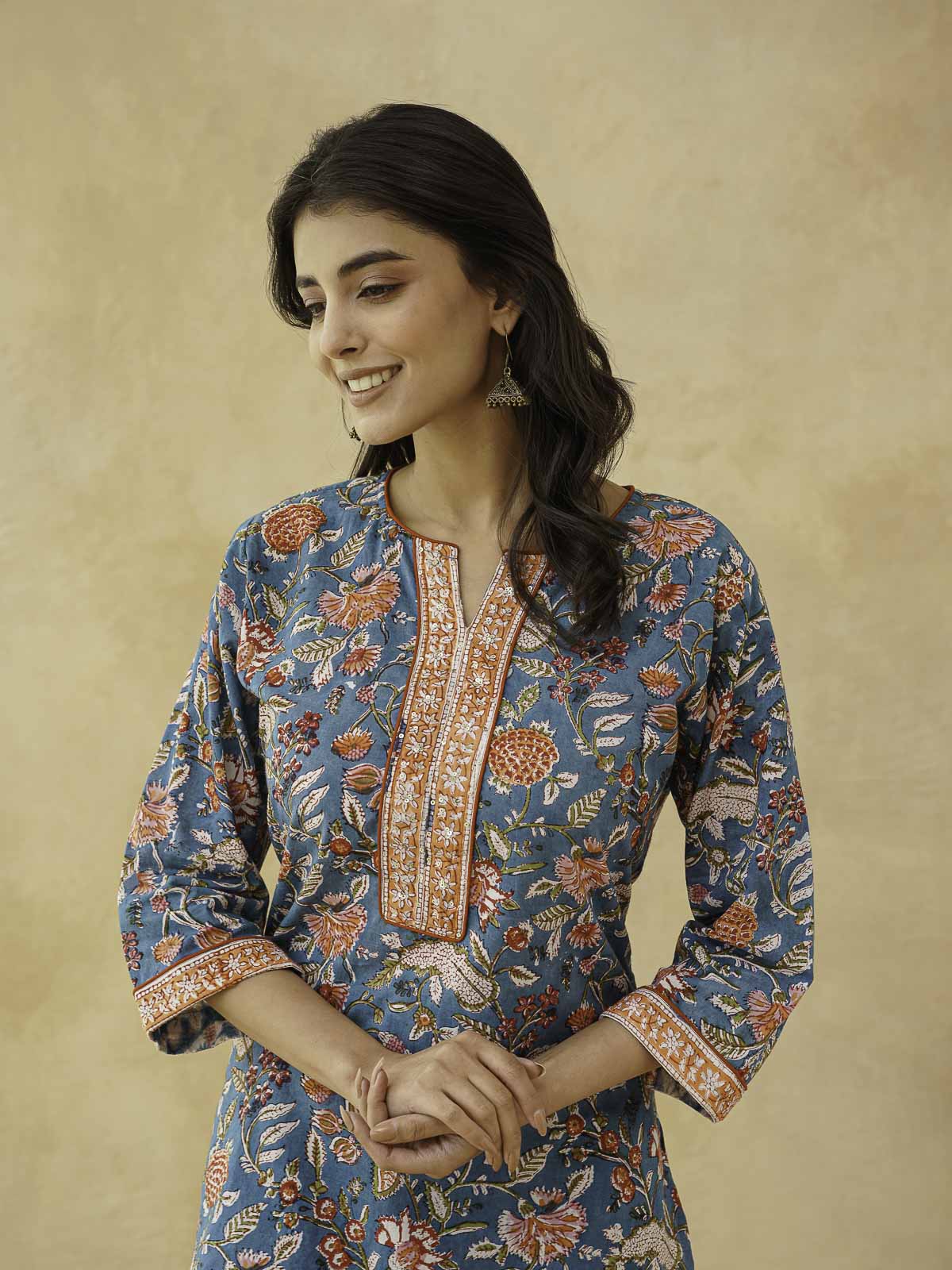 Cotton Printed Sequin Short Kurti For Women Blue Jaal