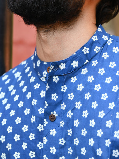 Men's Relaxed Fit Cotton Shirt – Full Sleeves - Blue Flower