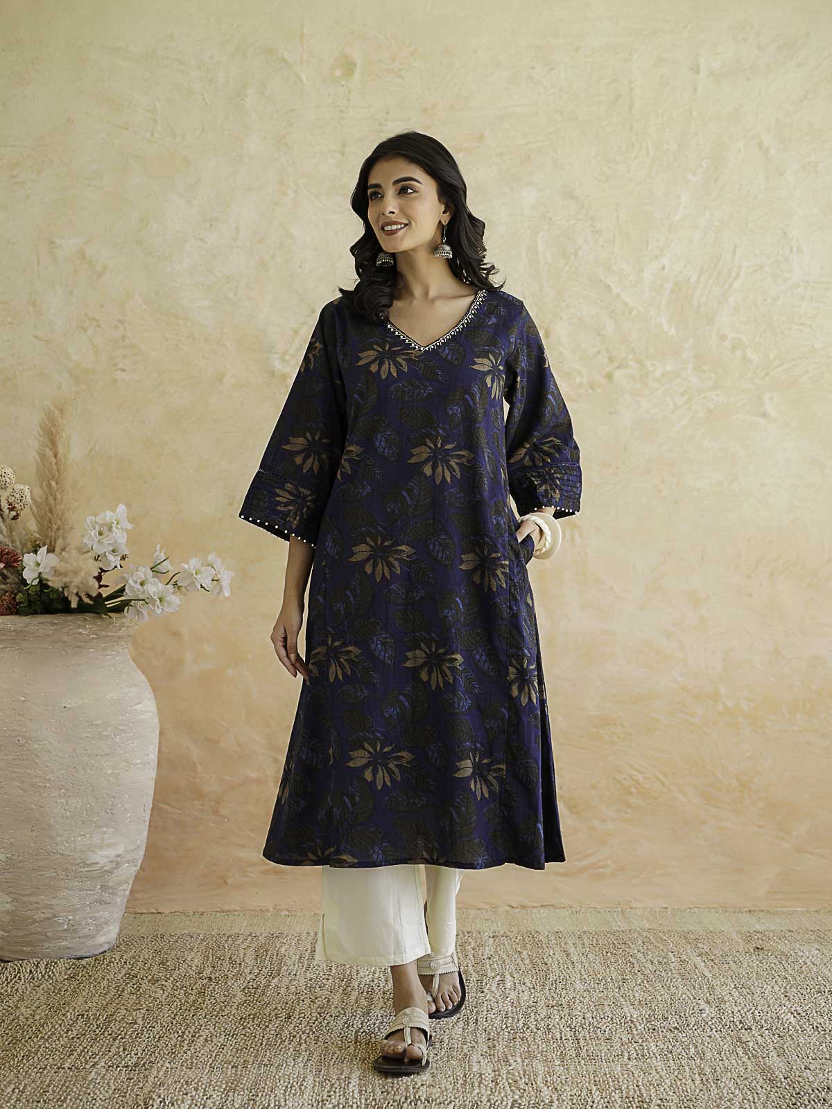 Cotton Printed Ultimate Aline Kurta For Women Dark Blue