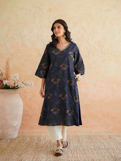 Cotton Printed Ultimate Aline Kurta For Women Dark Blue