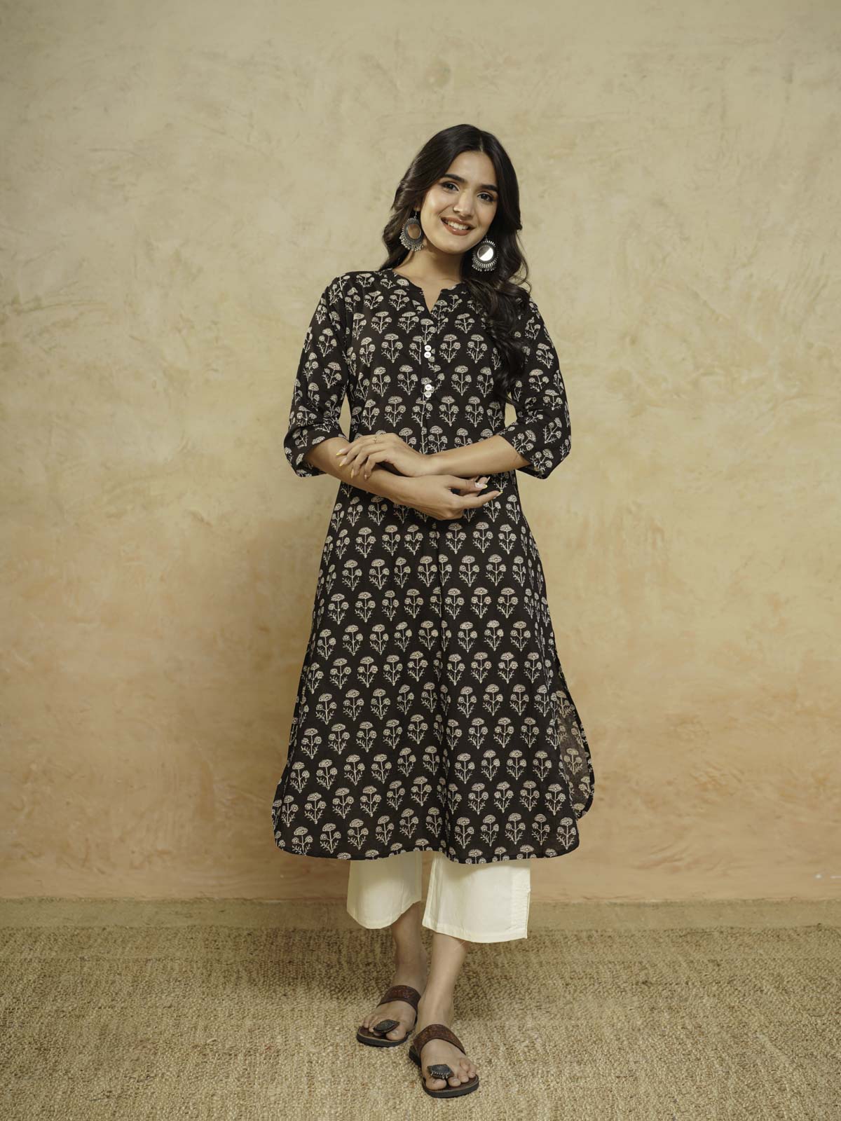 Cotton Pleat Kurta For Women Black