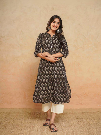 Cotton Pleat Kurta For Women Black