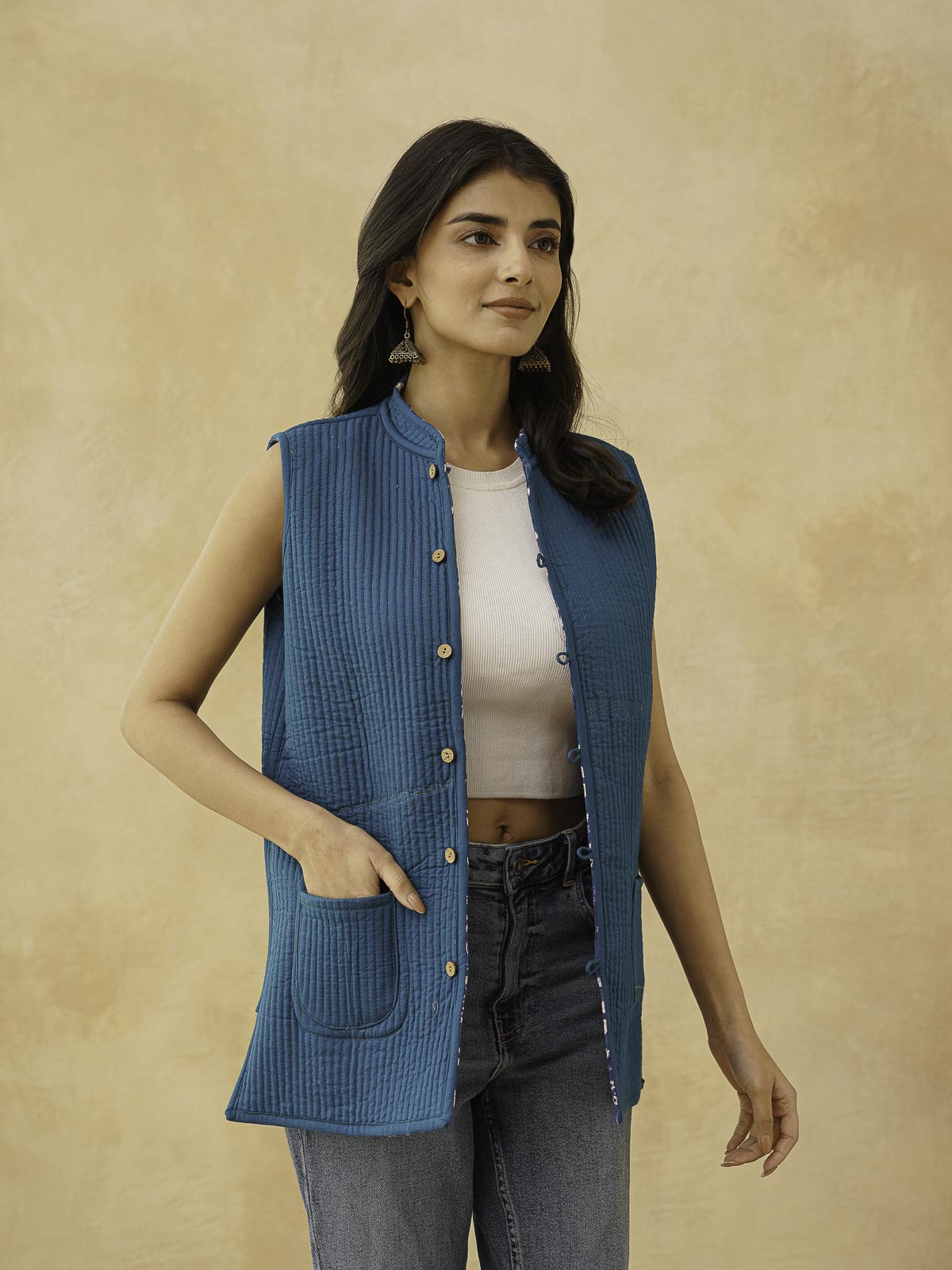 Cotton Printed Sleeveless Quilted Jacket Blue Jaal