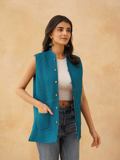 Cotton Printed Sleeveless Quilted Jacket Blue Jaal