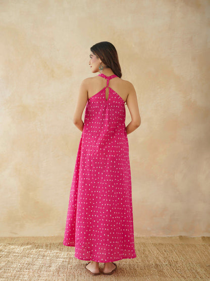 Cotton Printed Aline Moana Dress Pink Bandhej