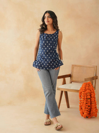 Cotton Printed Stylish Backless Tie-up Kurti Indigo