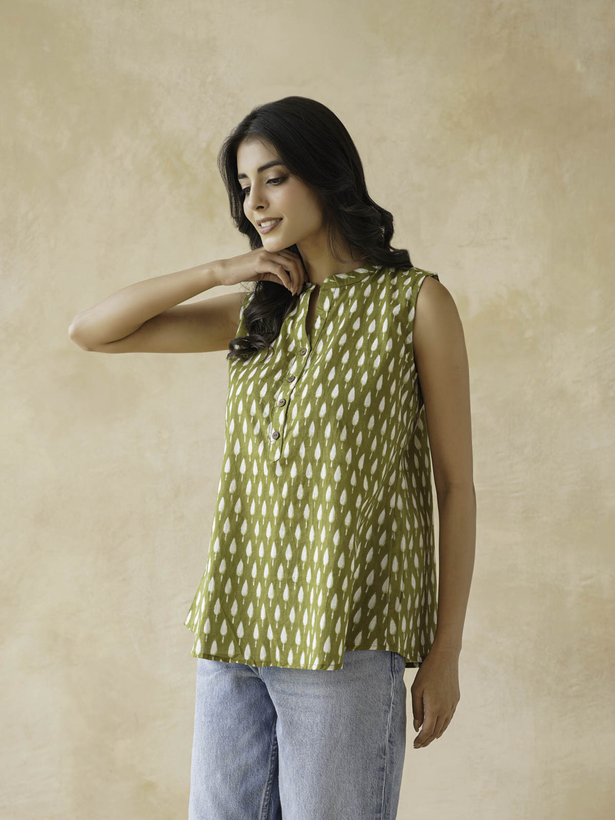 Cotton Printed Sleeveless Tunic Top For Women Green Booty