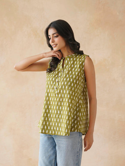 Cotton Printed Sleeveless Tunic Top For Women Green Booty