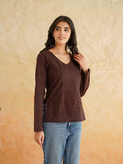 Full Sleeve Cotton Printed Classic Vee Top Black