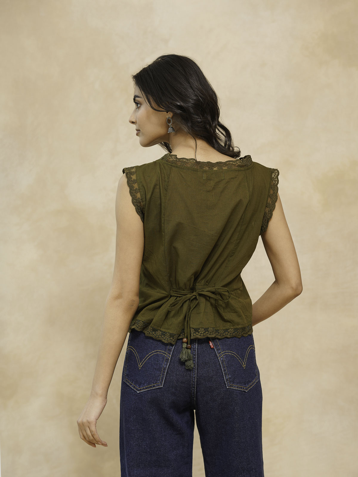 Sleeveless Cotton Printed Daisy Lace Top Green