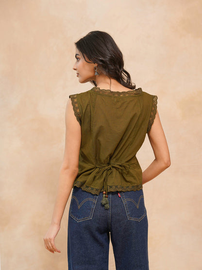 Sleeveless Cotton Printed Daisy Lace Top Green