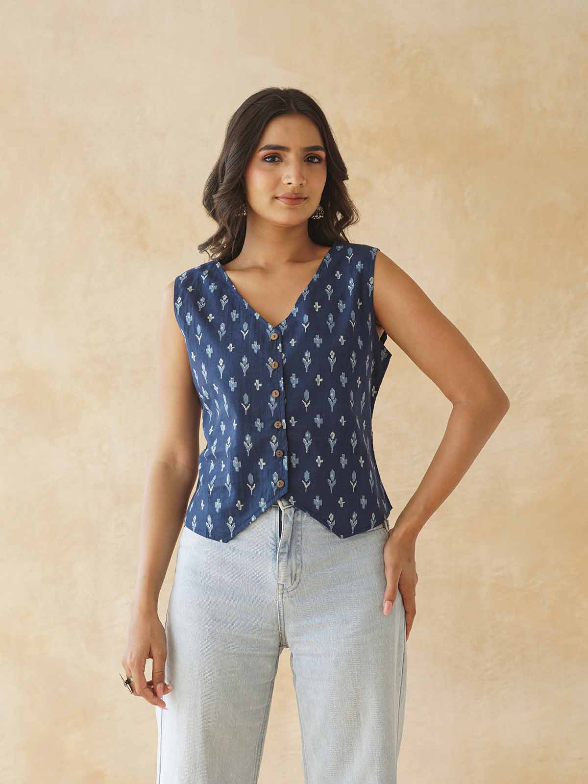 Sleeveless Cotton Block Printed Kothi Top Blue Booty