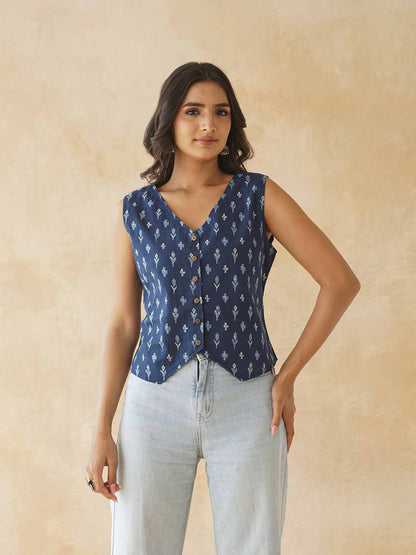Sleeveless Cotton Block Printed Kothi Top Blue Booty