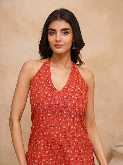 Cotton Printed Stylish Halter Tie-Up Kurti Orange