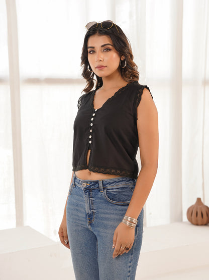 Sleeveless Cotton Printed Daisy Lace Top Black