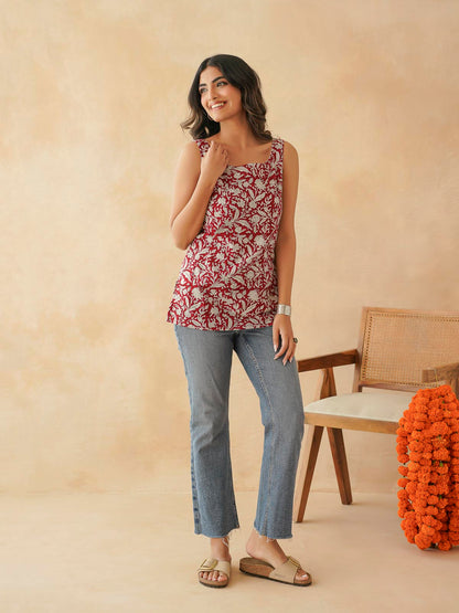 Cotton Printed Stylish Backless Tie-Up Kurti Red